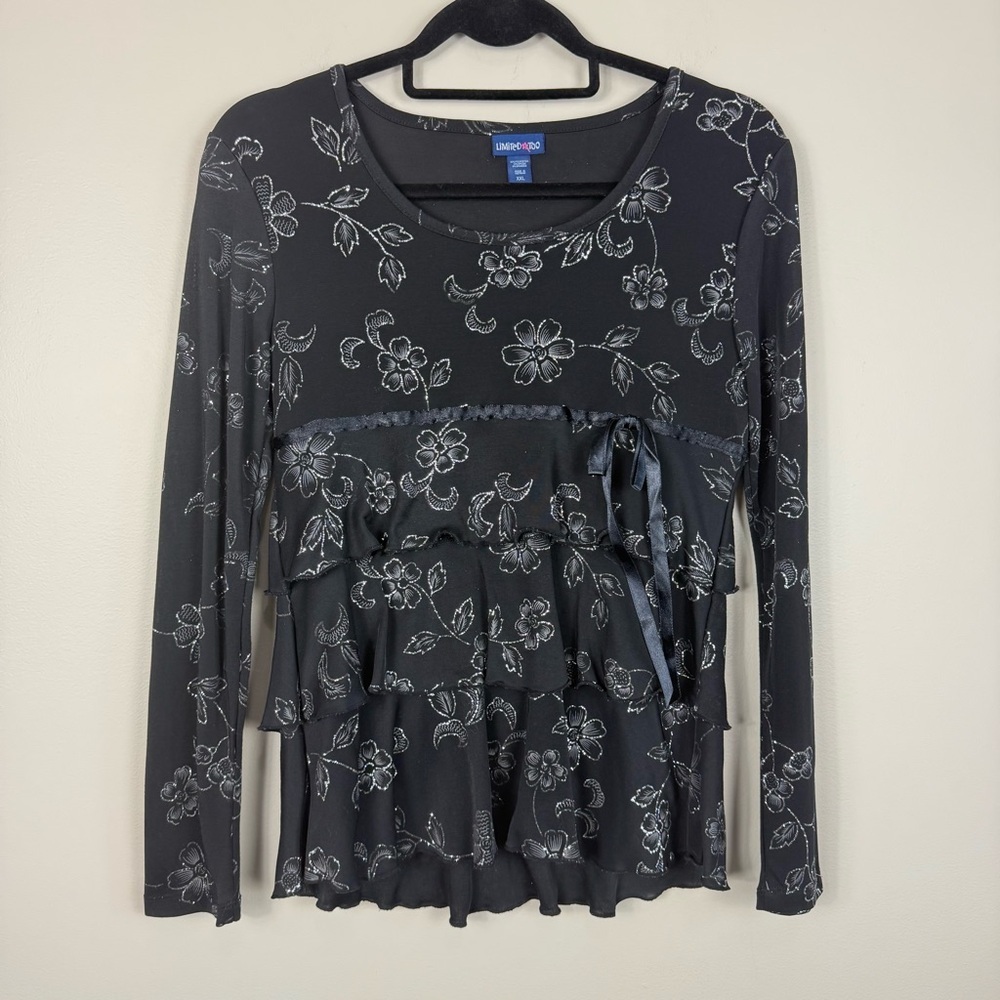 Limited Too Y2K Top Tier Women Small Bow Black Silver Long Sleeve Floral Glitter